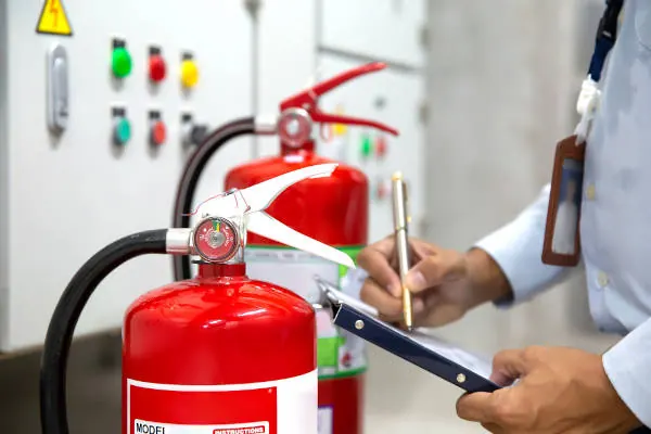 Técnico revisando un extintor