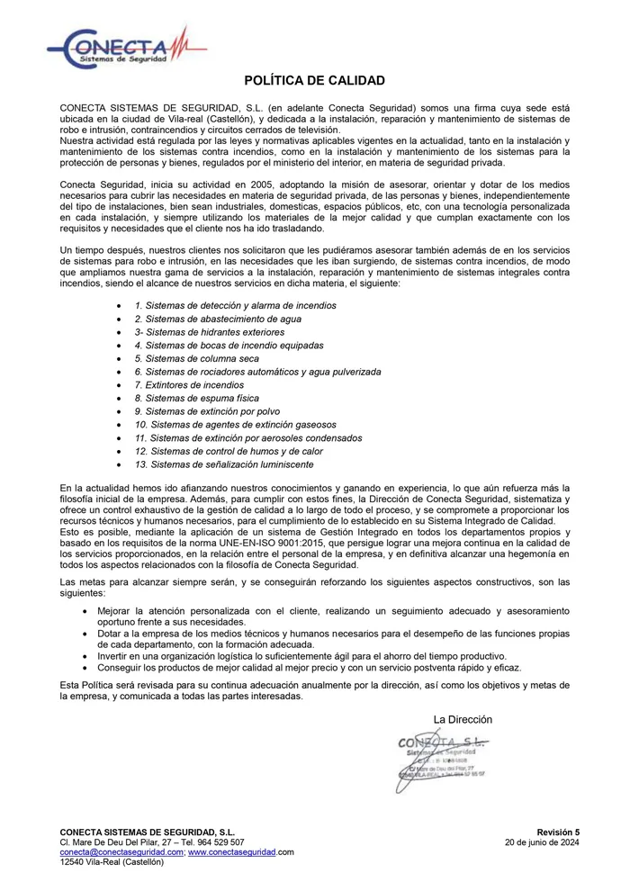 Documento firmado de la política de calidad
